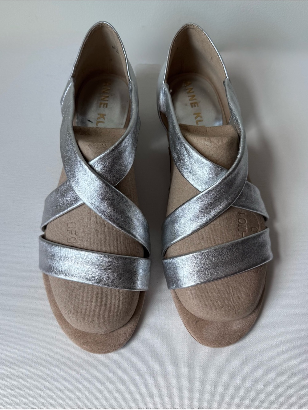 Anne Klein Metallic Silver Crisscross Strap Sandals